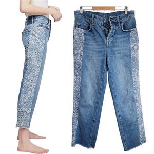 We The Free Blue Boyfriend Jeans with Patterned Panels
